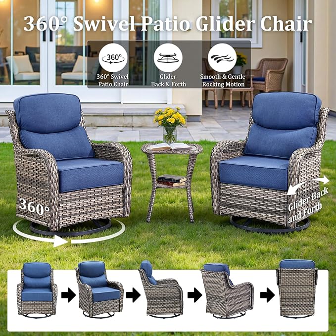 Luxury High Back Patio Furniture Set with 6-Inch Thick Cushions, 6-Pieces Outdoor Furniture with Swivel Chairs, Wicker Conversation Set for Porch, Balcony, Deck and Yard, Grey/Blue