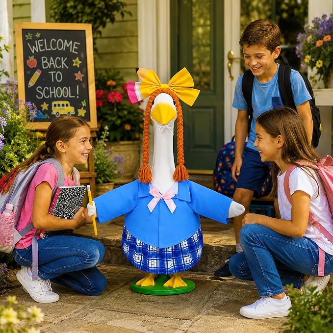JcHrmers Back to School Goose Outfit Student Porch Goose Outfits School Nniform Lawn Goose Clothes Fits 23" Cement Plastic Goose Statue for School Classroom Outdoor Garden Yard Patio Decor