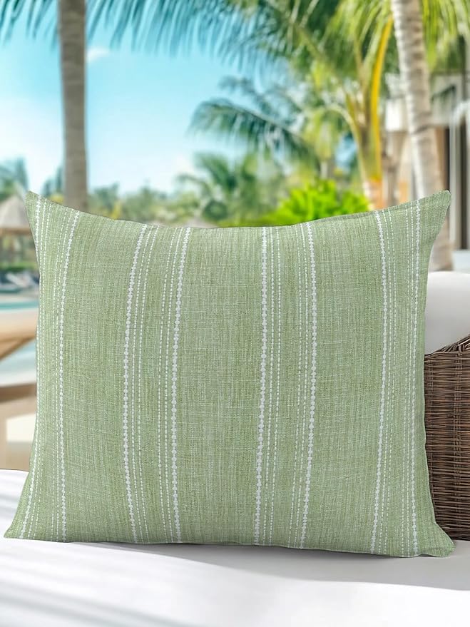 Vandarllin Waterproof Outdoor Pillow 1 Pack Olive Green Linen Stripes Decorative Throw Pillows Cover & Insert 18x18 Inch Pillowcase Parallel Vertical Lines Pillows for Couch Sofa Bed Patio Furniture