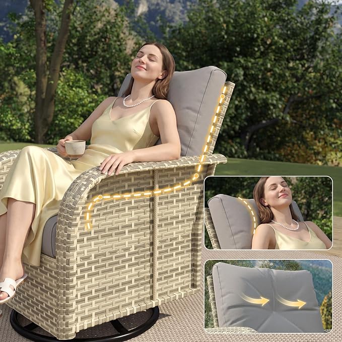 LazySunsets 12 Piece Outdoor Patio Furniture Set with 44'' Fire Pit Table, Wicker Rattan Outdoor Furniture with High Back Swivel Rocker Chairs, Outdoor Sofa Set with Thick Cushions & Ottoman, Grey