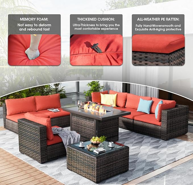 9 Pieces Outdoor Sectional Patio Furniture Set with Fire Pit Table PE Rattan Wicker Patio Sectional Armless Conversation Set with Cushions Red