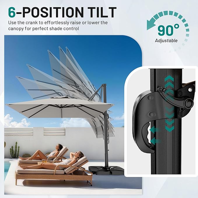 AreShark 10 × 10FT Square Cantilever Patio Umbrella with Base Included, 360° Rotation Offset Outdoor Umbrella, 5 Tilt Settings Heavy Duty Hanging Parasol for Deck Garden Pool, Light Grey