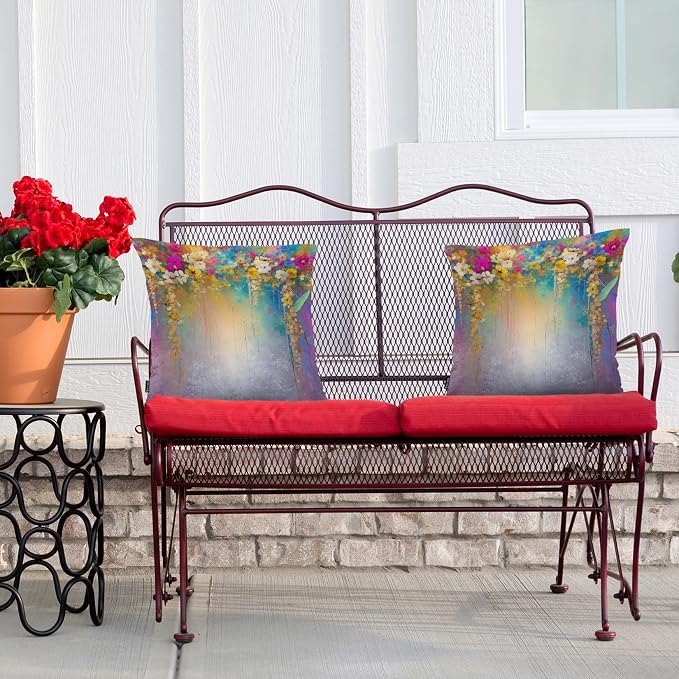 Swono Set of 2 Decorative Throw Pillow Covers Ivy Flowers, Abstract Blossom Floral Farmhouse Pillowcases Accent Pillow Cushion Cover for Couch Sofa Bed Office Armchair 18 X 18 Inch, Rainbow Purple