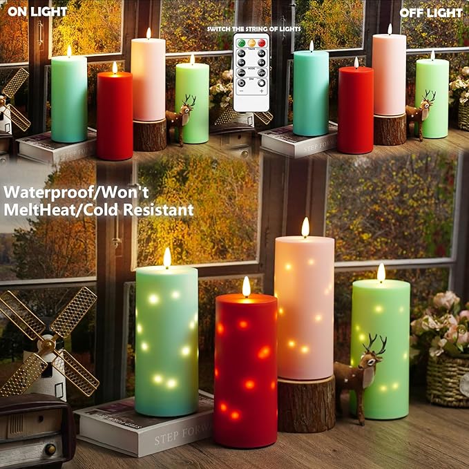 kakoya 10" x 4" Large Outdoor Waterproof Flickering Flameless Candles with Timer,2Pcs Battery Operated LED Pillar Candles with Embedded Star String for Outdoor Lanterns,Porch,Patio Decor(Blue)