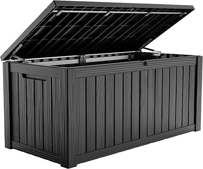 ROJIK 150 Gallon Outdoor Storage Box Waterproof,Weatherproof Deck Boxes Outdoor Lockable,Resin Outside Storage Box for Garden Tools,Cushions,Pool Accessories(Black,150 Gal)
