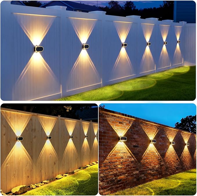 Ellasay Solar Fence Lights Outdoor: IP65 Waterproof Bright LED Wall Lighting with 3 Color Modes and 12 Hour Battery Life Perfect for Garden Backyard Porch and Holiday Parties 8 Pack