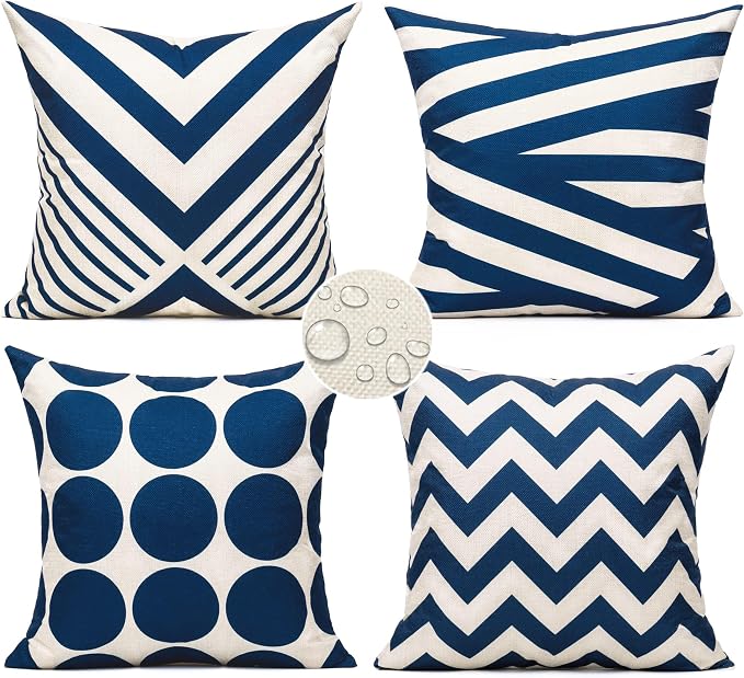 All Smiles Outdoor Waterproof Throw Pillow Covers 20X20 Set of 4,Navy Decorative Cushion Covers Boho Decorations Outside for Patio Furniture Porch Seat Chair Couch Sofa Living Room Geometric