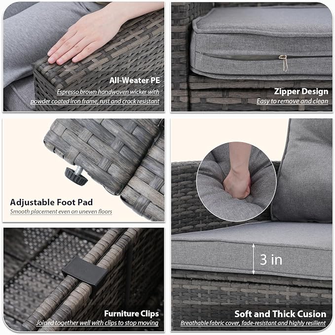 JOIVI 8 Pieces Patio Furniture Set with 45” Propane Fire Pit Table and Storage Box, Wicker Rattan Outdoor Sectional Sofa, Outdoor Furniture Conversation Set with Thickened Cushion, Gray