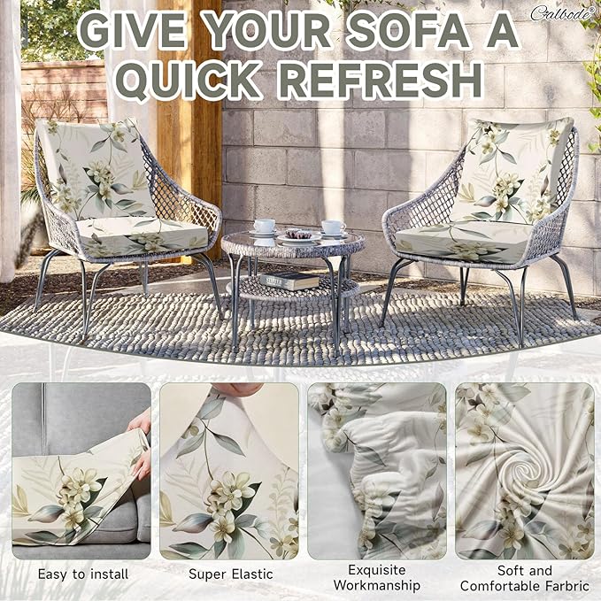 CALBODE 14 Pcs Stretch Outdoor Seat Cushion Covers, Washable Chair Seat Cover for Patio Furniture Cushions Soft Indoor and Outdoor Couch Cover Replacement (Beige Botanical, Cover Only)