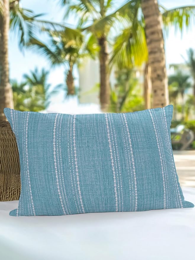 Vandarllin Waterproof Outdoor Pillow 1 Pack Blue Linen Stripes Decorative Throw Pillows Cover & Insert 20x12 Inch Lumbar Pillowcase Parallel Vertical Lines Pillows for Couch Sofa Bed Patio Furniture