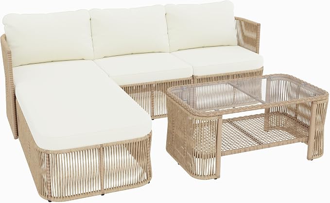 Christopher Knight Home Outdoor Patio Furniture Set, PE Rattan Wicker Conversation Sofa Set with Iron Frame Cushions and Glass Top Coffee Table, Modular Backyard Balcony Seating Set, Dark Beige
