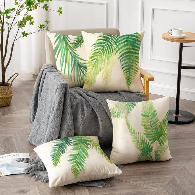 Green Outdoor Pillow Covers Leaf Plant Throw Pillow Case Outdoor Waterproof Tropical Garden Cushions 18x18 Inch Set of 4 Patio Furniture Pillows Decorative for Home Sofa Couch