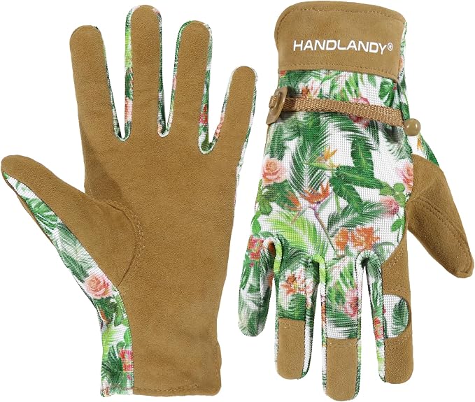 HANDLANDY Gardening Gloves for Women, Leather Garden Glove, Gardener Gift | Breathable Floral Ladies Leather Garden Yard Gloves, for Trimming, Weeding, Digging, Planting, Pruning