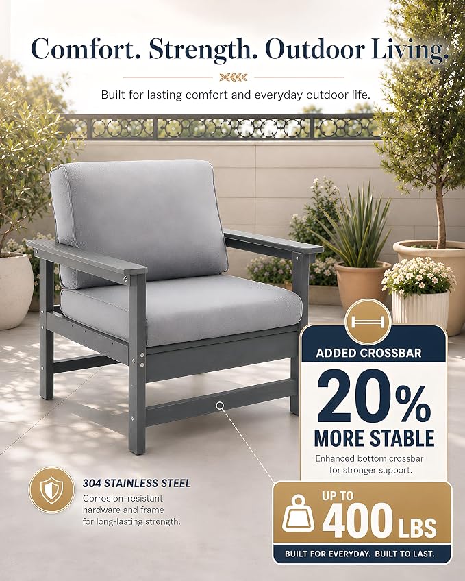 HDPE Outdoor Loveseat Patio Furniture Set with Cushions, 3 Piece Patio Conversation Set Sofa Set,All Weather Outdoor Couch Set with Coffee Table for Lawn, Garden, Deck