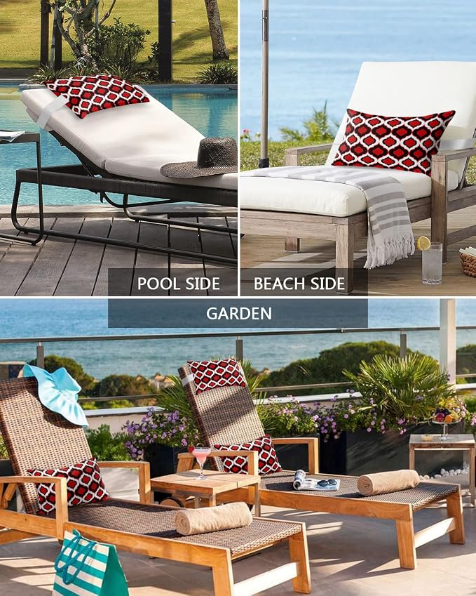 Outdoor Pillows Covers with Inserts Red and Black Moroccan Pattern Geometric Waterproof Recliner Pillow with Adjustable Strap Throw Pillows for Patio Furniture Pool Lounge Chair, 11x16 inch, 2PCS