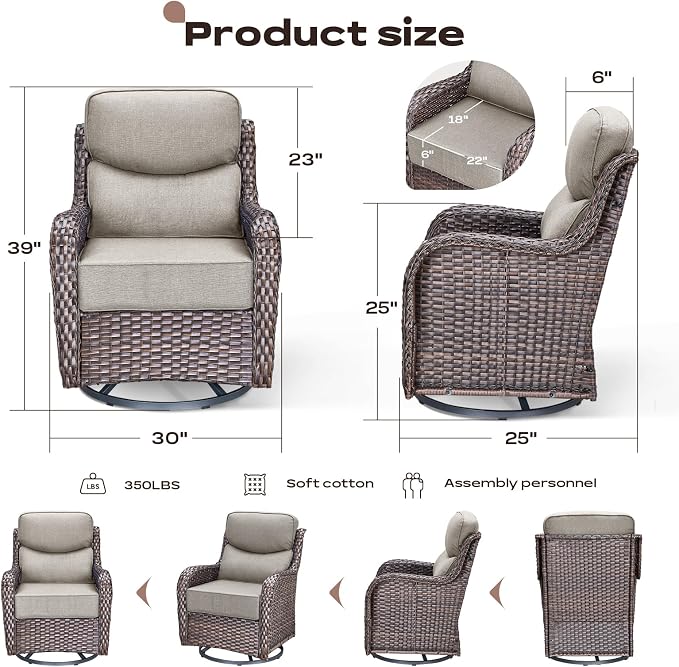 Rilyson Outdoor Patio Furniture Set - Weather Resistant Wicker,High Back,6 inch Cushions,3 Piece Patio Bistro Set with Swivel Rocker Chairs and Side Table for Deck Porch Yard,Brown/Beige