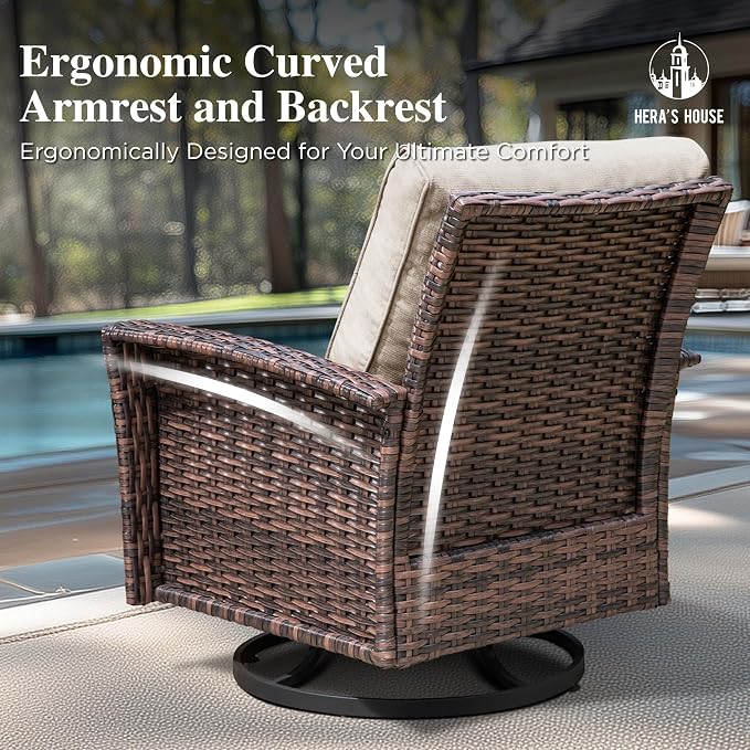 HERA'S HOUSE Outdoor Furniture, 2 x High Back Swivel Patio Chairs with 5.5" Cushions Wicker Rattan Deck Balcony Porch Furniture, Beige