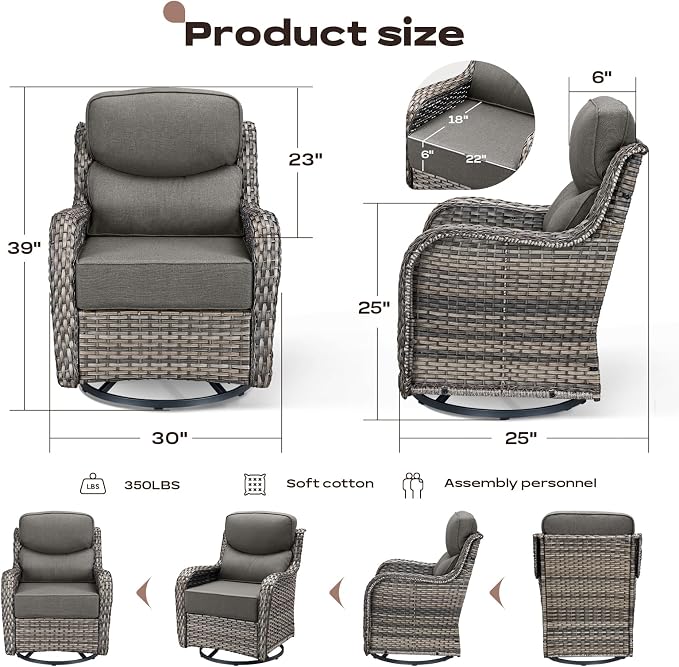 Rilyson Outdoor Patio Furniture Set - Weather Resistant Wicker,High Back,6 inch Cushions,3 Piece Patio Bistro Set with Swivel Rocker Chairs and Side Table for Deck Porch Yard,Mixed Grey/Grey