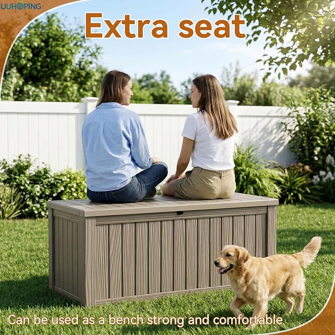 ROJIK Outdoor Storage Box – 150 Gallon Mobile Waterproof Resin Deck Box, Lockable Storage for Patio Cushions, Garden Tools, Pool Accessories – UV-Resistant Storage Bench for Backyard & Deck(Grey)
