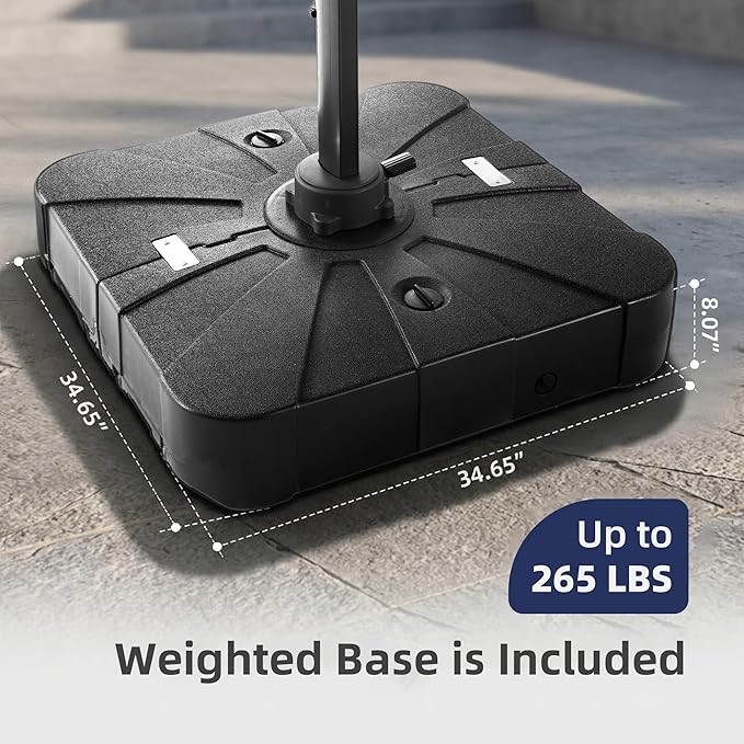 10x13 FT Patio Umbrella with Weighted Base and LED Lights Cantilever Outdoor Large Heavy Duty Rectangle Aluminum Offset Umbrellas Double Top 360 Rotation for Pool Deck Garden, Navy