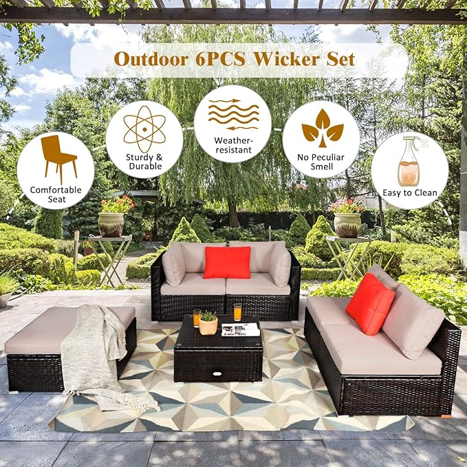 COSTWAY 6-Piece Outdoor Patio Furniture Set, Rattan Sectional Sofa Set with Tempered Glass Coffee Table, Cushions and Ottoman for Garden, Deck, Backyard (Beige)