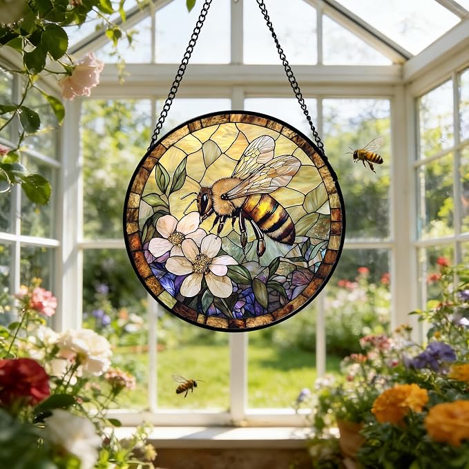 Stained Glass Window Hanging, Vintage Bee Yellow Flower Sun Catcher for Window Door Home Decor Suncatcher Christmas Mother's Day Birthday Gifts for Women Men Mom and Nana 11.8 in