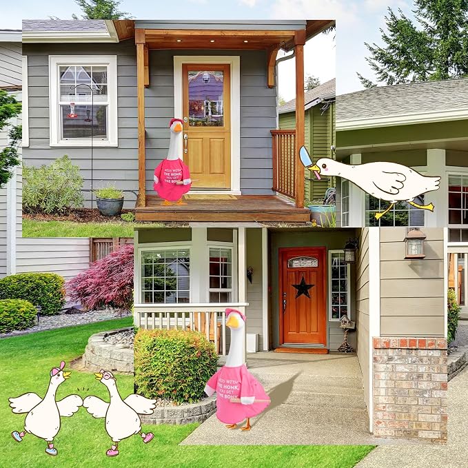 CAMDUCK Funny Porch Goose Outfit for 23 Inch Goose Statue, Mess with The Honk You Get The Bonk Goose Clothes, Decorative Lawn Geese Costume Clothing for Outdoor Decor (Pink)