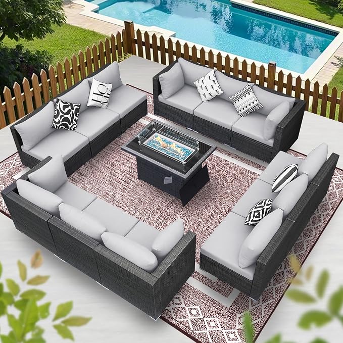 BULEXYARD 13 Piece High Back Outdoor Furniture Sets with Fire Pit, Luxury Patio Sectional Couch Sofa 12-Seater Modular, Comfortable Extra Large Wide Deep Backyard Seating Conversation Set, Light Grey