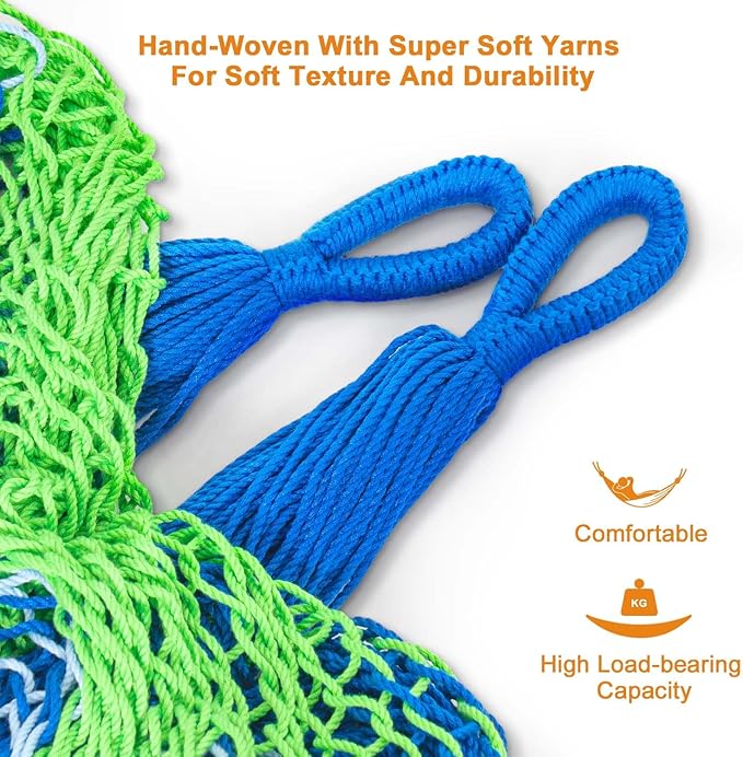 Lazy Daze Hammocks Handwoven XL Mayan Hammock, 10.5 FT Soft Rope Double Hammocks, Portable Outdoor Hammock with Carry Bag, 2 Straps & Carabiners for Patio Outside, 550 lbs Weight Capacity, Blue/Green