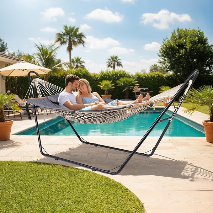 ONCLOUD Hammock with Stand, Double-Barrel Hammock with Hammock Bed, Heavy Duty Adjustable Hammock Set for Outdoors, Patio, Yard, Garden, 550 LBS (Gray)