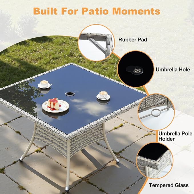 5-Piece Patio Dining Set, Patio Furniture Set with Square Tempered Glass Table & 4 Wicker Chairs, Expandable Design for Larger Groups, Outdoor Furniture for Backyard, Deck, Garden, Beige