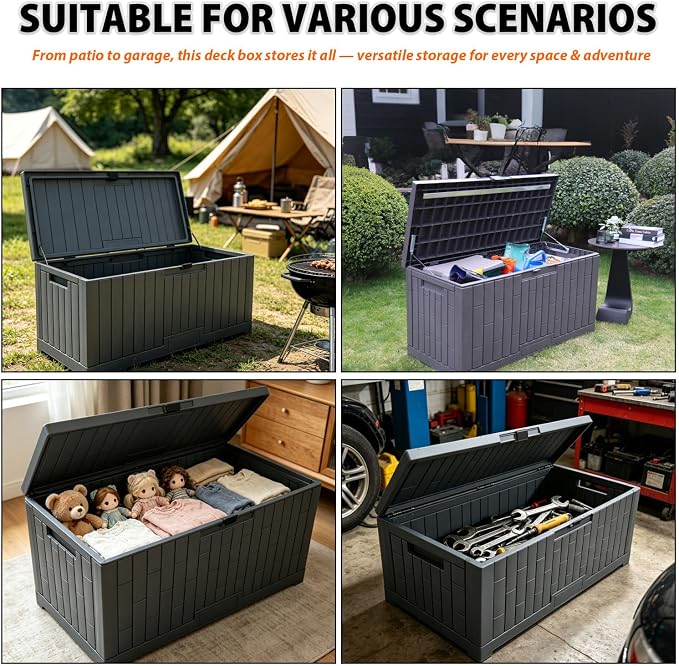 Outdoor Storage Box, Weatherproof Resin Deck Bin with Heavy-Duty Lid, High Load Capacity, Perfect for Patio Furniture, Garden Equipment, and Pool Accessories 804E