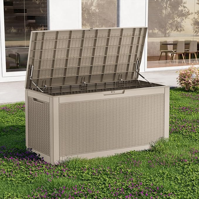 Resin Deck Box Outdoor Storage Box Waterproof for Patio Furniture,Outdoor Cushions,Garden Tools and Pool Supplies (Grey, 120 Gallon)
