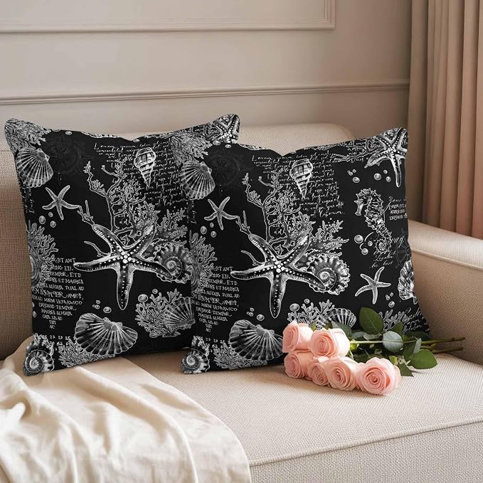 Black Coastal Waterproof Outdoor Pillow Covers Set of 2 Home Decor, Nautical Ocean Starfish Seashells Coral Pillowcase Patio Pillow Covers for Couch Bench Furniture Garden 16x16in
