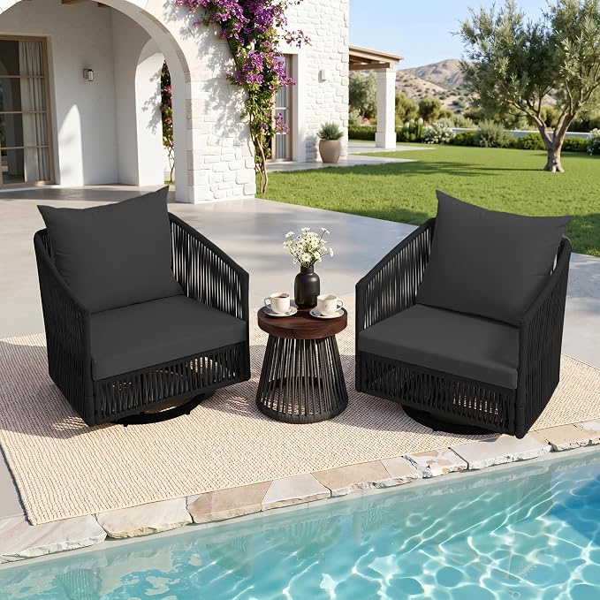 Outdoor Patio Furniture Set, 3 Pieces Outdoor Swivel Chairs with Coffee Table and Thick Cushion, Pe Wicker Rope Furniture Set for Entertaining, Balcony, Garden, Poolside, Gray