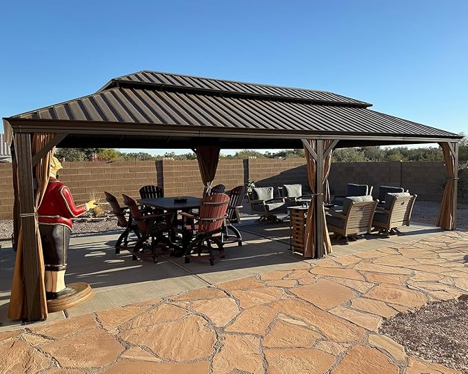 PURPLE LEAF 14' X 28' Outdoor Hardtop Gazebo Patio Wide Aluminum Frame Metal Double Roof with Heavy Duty Netting and Curtains for Permanent Hard Top Pavilion Screen Khaki