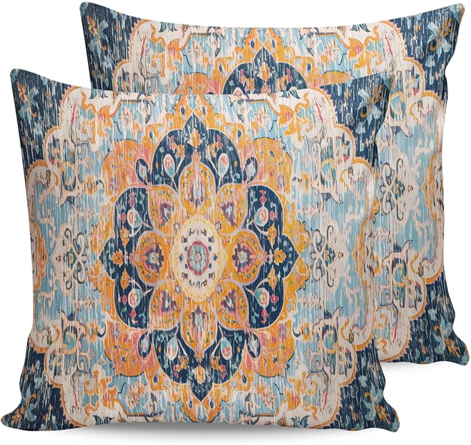 Outdoor Waterproof Pillow Covers Set of 2, Meddle Century Vintage Blue Carpet Mural Pattern Patio Throw Pillow Covers, Decorative Cushion Case for Couch Sofa Furniture Garden, 24x24 Inch