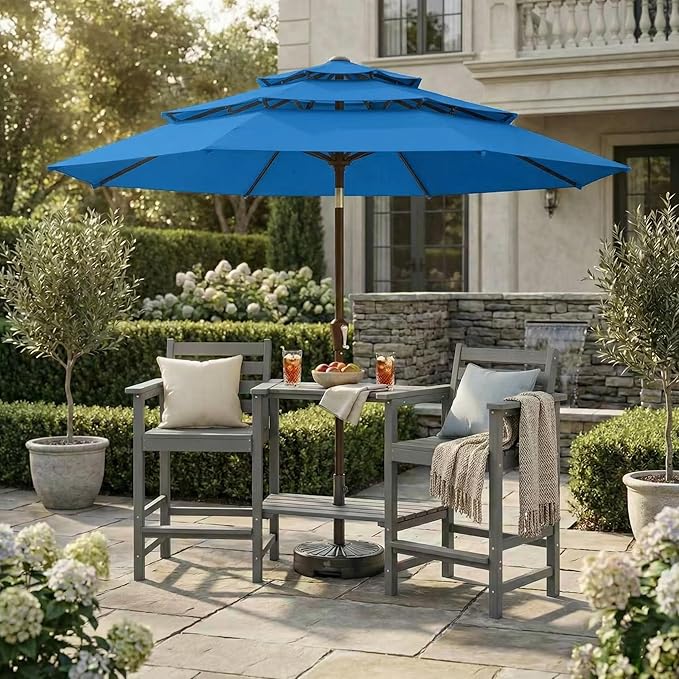 Kingdura 9ft 3-Tier Patio Umbrella, Outdoor Table Umbrella with Easy Crank & Tilt, 8 Reinforced Ribs, UV Protection for Deck, Pool, Market, Backyard (Royal blue)