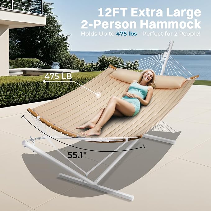 SUPERJARE Hammock with Stand, 2 Person Heavy Duty Hammock with Padded Cotton, Detachable Pillow & Strong Curved-Bar & Portable Carrying Bag, Perfect for Outdoor & Indoor, Beige