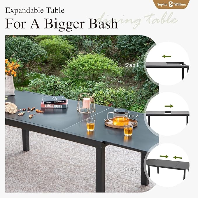 Sophia & William Patio Table and Chairs Set, Outdoor Dining Set for 8, 9 Piece Metal Patio Furniture, 99" Expandable Black Rectangular Table(Diamond)