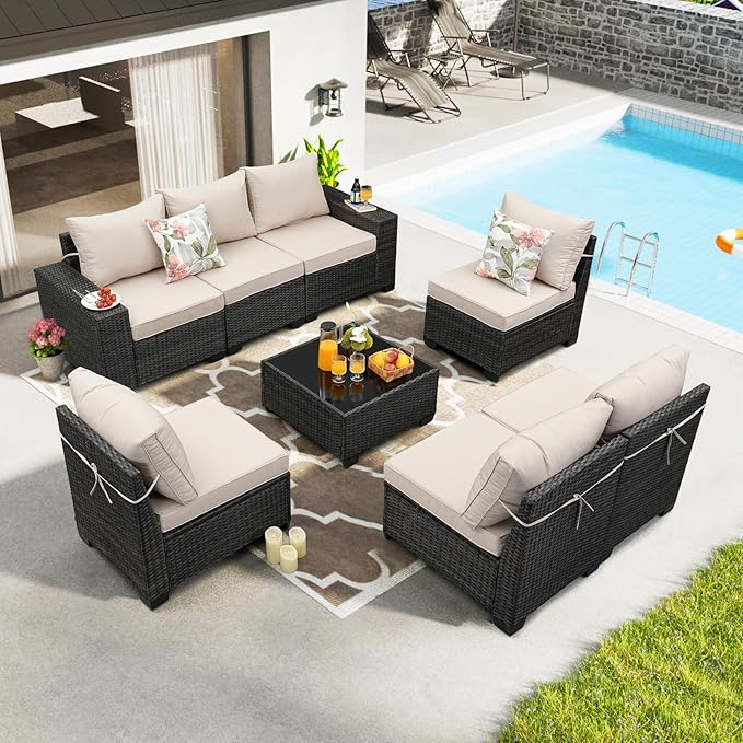 8 Pieces Patio Furniture Set,Wicker PE Rattan Outdoor Sectional with Cushion & Coffee Table, Patio Conversation Sofa for Garden, Backyard, Poolside, Beige