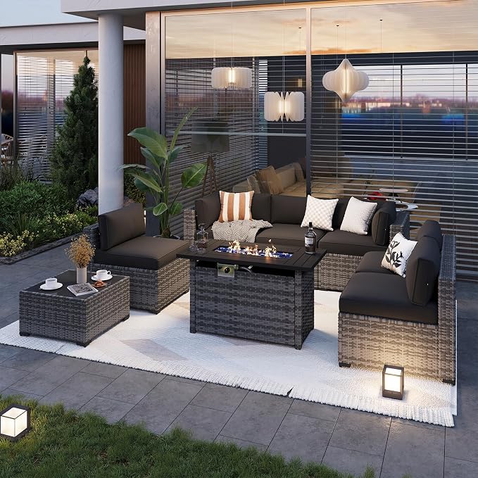 Aoxun Patio Furniture Sets, 8-Piece Outdoor Patio Furniture with 44'' Propane Gas Firepit Table, Wicker Outdoor Conversation Set Sectional Sofa for Backyard, Poolside, Garden