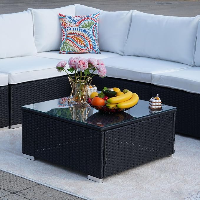 7-Piece Patio Furniture Set - Outdoor Sectional Sofa Set with Cushions and Glass-Top Coffee Table for Gardens, Poolside, Backyards and Porches, Beige/Black