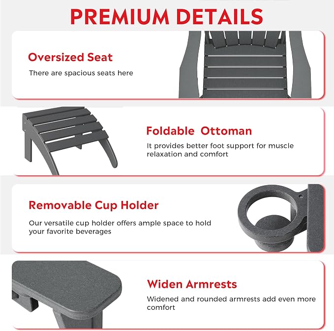 Costaelm Lakeview 2-Piece Outdoor Patio HDPE Adirondack Chair with Ottoman and Cup Holder Set, Gray