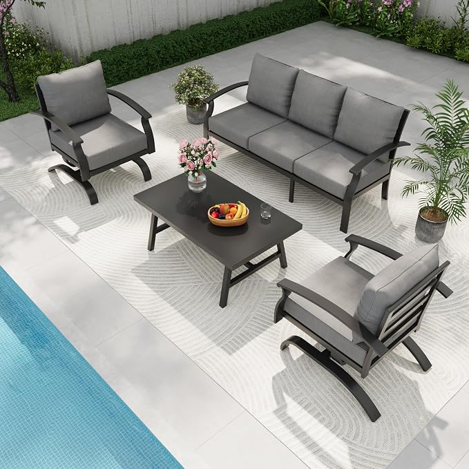 Gotland Metal Outdoor Patio Furniture Set with Coffee Table, 4 Piece Patio Conversation Set with Washable Cushion Covers, Metal Frame Sectional Sofa Furniture Set for Porch, Balcony, Deck, Yard
