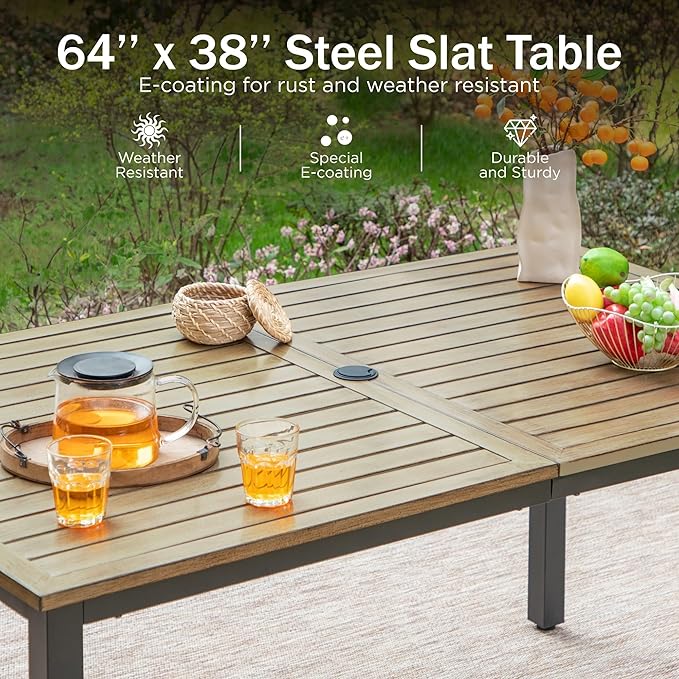PHI VILLA Outdoor Patio Dining Set for 6,65" Rectangle Wood-Like Table | Metal Steel Table w/ Umbrella Hole& Stackable Wrought Iron Chairs, Outside Furniture Set for Deck, Porch, Backyard