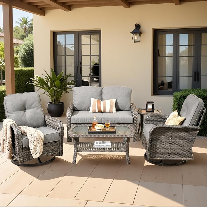 Weaxty Wicker Patio Furniture Set with Swivel Rocker Chairs Outdoor Loveseat Sofa and Rattan Coffee Table, 5 Pieces Outdoor Conversation Sets for Patio Porch Deck Backyard Poolside,Beige