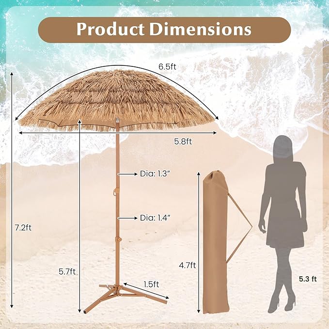 RELAX4LIFE 6.5FT Tiki Patio Umbrella with Base - Hawaiian Style Tilt Beach Umbrella w/8 Ribs, Foldable Stand, Carry Bag, Tropical Palapa Grass Pool Umbrellas, Hula Thatched Tiki Umbrella Outdoor Patio