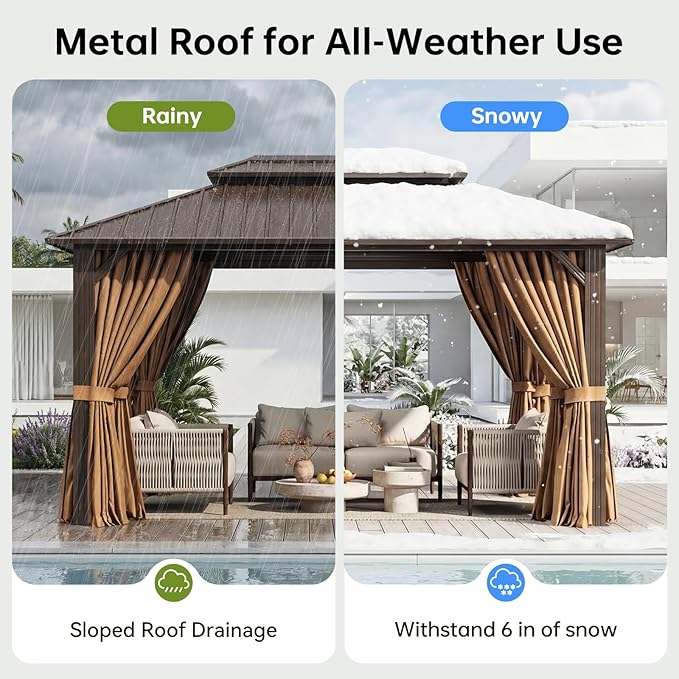 10x14FT Hardtop Gazebo, Metal Frame with Double Galvanized Steel Roof, Permanent Outdoor Pergola with Curtains and Netting Included for Backyard, Patio, Lawn and Garden, Brown