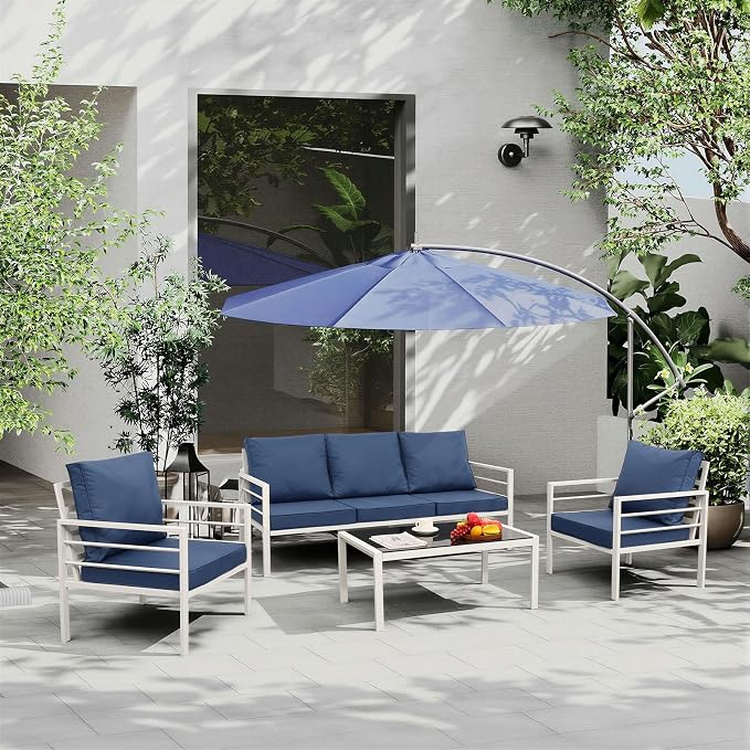 Rattaner Aluminum Outdoor Patio Furniture Set 4 Pieces Outdoor Furniture White Frame Patio Couch Set Outdoor Chairs Glass Coffee Table with No-Slip Cushions and Waterproof Covers, Navy Blue